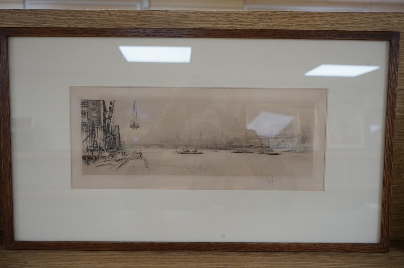 William Walcot (1874-1943), etching, London Docklands, signed in pencil, 14 x 34cm. Condition - fair